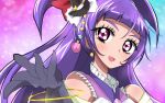  1girl :d black_gloves black_hat blush cure_magical gloves go!_princess_precure haru_(nature_life) hat izayoi_liko long_hair looking_at_viewer mahou_girls_precure! mini_hat mini_witch_hat multicolored_background o_kakugo_wa_yoroshikute? open_mouth parody precure purple_hair smile solo sparkle upper_body violet_eyes witch_hat 