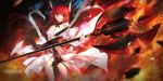  1girl bare_shoulders battle_axe date_a_live detached_sleeves dress hair_ribbon highres horns huge_weapon layered_dress looking_at_viewer panties red_eyes redhead ribbon solo swd3e2 underwear weapon white_panties wide_sleeves 