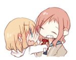  2girls blonde_hair blush chocolate couple fud fukuji_mihoko grin holding lowres multiple_girls redhead saki school_uniform serafuku short_hair smile tagme takei_hisa teeth valentine yuri 