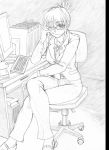  1girl akizuki_ritsuko antenna_hair binder business_suit chair computer_keyboard crossed_legs dagashi_(place) desk elbow_rest folded_ponytail formal graphite_(medium) greyscale idolmaster imac line_shading looking_at_viewer monitor monochrome office_chair one_eye_closed pant_suit sidelocks sitting solo suit traditional_media 