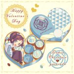  1boy bitikara black_hair blue_eyes bow box candy character_name chocolate food food_on_face hair_bow hakama happy_valentine heart-shaped_box in_box in_container japanese_clothes jelly_bean male_focus open_mouth ponytail scarf touken_ranbu valentine yamato-no-kami_yasusada 