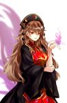  1girl black_dress brown_hair chinese_clothes dress eredhen fox_tail hat jpeg_artifacts junko_(touhou) long_hair long_sleeves multiple_tails nail_polish open_mouth red_eyes simple_background smile solo tabard tail touhou white_background wide_sleeves 