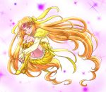  1girl boots bow bubble_skirt circlet cure_muse_(yellow) frills full_body hair_bow heart hyuuga_(gekkazake) knee_boots knees_to_chest long_hair looking_at_viewer magical_girl orange_hair pink_eyes precure purple_background shirabe_ako skirt smile solo suite_precure yellow_boots yellow_bow yellow_skirt 