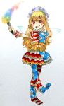  1girl adapted_costume american_flag_legwear american_flag_shirt american_flag_skirt bangs blonde_hair blush bow buttons cacts_(pikasan) clownpiece collar fairy_wings fang fire frilled_collar frills full_body hat holding jester_cap leg_garter leg_lift long_hair looking_at_viewer midriff navel one_leg_raised open_mouth pantyhose polka_dot red_eyes short_sleeves simple_background skirt solo standing standing_on_one_leg teeth torch touhou traditional_media white_background wings wrist_cuffs 