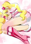  1girl blonde_hair blush boots cure_peach fresh_precure! fuchi_(nightmare) hair_ornament heart_hair_ornament highres knee_boots light_particles long_hair looking_at_viewer lying magical_girl momozono_love on_side pink_boots pink_eyes precure shiny shiny_skin skirt smile solo twintails wrist_cuffs 