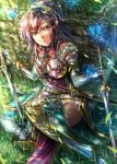  1girl armor breasts brown_eyes butterfly cleavage detached_sleeves dual_wielding garter_straps holding_sword holding_weapon long_hair open_mouth original pink_hair sitting solo sword thigh-highs wa-kun weapon 