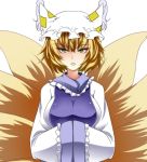  1girl blonde_hair dress fox_tail frills hands_in_sleeves hat kitsune kyuubi long_sleeves looking_at_viewer mob_cap multiple_tails open_mouth pillow_hat short_hair solo tabard tachi-e tail tassel touhou upper_body white_background white_dress wide_sleeves yagami_(mukage) yakumo_ran yellow_eyes 