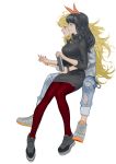  2girls absurdres black_hair blake_belladonna blonde_hair book breasts casual hairband highres holding_hands logod long_hair multiple_girls rwby smile sweater violet_eyes yang_xiao_long yellow_eyes yuri 