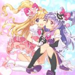  2girls ;d aqua_background asahina_mirai black_boots black_gloves black_hat blonde_hair boots bow buntan capelet cure_magical cure_miracle full_body gem gloves hair_bow half_updo hat heart highres holding_hands izayoi_liko knee_boots long_hair looking_at_viewer magical_girl mahou_girls_precure! mini_hat mini_witch_hat multiple_girls one_eye_closed open_mouth pink_background pink_bow pink_hat pink_skirt ponytail precure puffy_sleeves purple_hair purple_skirt sitting skirt smile violet_eyes white_boots white_gloves witch_hat 