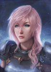  1girl artist_name blue_background blue_eyes breastplate closed_mouth emblem expressionless final_fantasy final_fantasy_xiii glowing gradient gradient_background hair_between_eyes hair_over_shoulder highres lightning_farron lips long_hair looking_afar looking_at_viewer pink_hair raikoart realistic shoulder_pads simple_background solo upper_body 