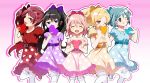  5girls :d ;) akemi_homura alternate_costume alternate_hairstyle belt black_hair blonde_hair blue_eyes blue_hair bow closed_eyes dress grin hair_bow heart kaname_madoka mahou_shoujo_madoka_magica mesushirindaa miki_sayaka multiple_girls one_eye_closed open_mouth pink_hair ponytail red_eyes redhead sakura_kyouko smile thigh-highs tomoe_mami valentine violet_eyes yellow_eyes zettai_ryouiki 