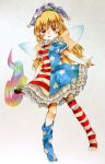  1girl \n/ adapted_costume alternate_legwear american_flag_dress american_flag_legwear bangs blonde_hair blush cacts_(pikasan) clownpiece collar dress fairy_wings fire frilled_collar frilled_dress frills full_body hat holding jester_cap long_hair looking_at_viewer petticoat polka_dot red_eyes short_sleeves simple_background solo standing thigh-highs thighhighs_pull torch touhou traditional_media wings 