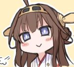  1girl :&gt; ahoge blush brown_hair double_bun hair_ornament kantai_collection kata_meguma kongou_(kantai_collection) lowres violet_eyes 