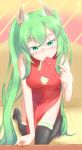  1girl bare_shoulders blush china_dress chinese_clothes crota destiny_(game) dress envelope green_eyes green_hair kuroda_mulberry mouth_hold thigh-highs twintails 
