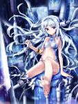  1girl android barefoot cable hair_intakes highres long_hair looking_at_viewer machinery missing_limb navel original silver_hair sitting soles solo songmil violet_eyes 