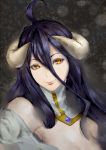  1girl ahoge albedo bare_shoulders black_hair breasts cleavage detached_collar highres horns long_hair overlord_(maruyama) portrait shimashima_(pixiv3696209) smile solo yellow_eyes 