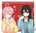  2girls black_hair casual closed_eyes facing_viewer hand_on_own_chin heart highres hood hoodie ichinomiya_eruna long_hair looking_at_viewer mikagura_gakuen_kumikyoku mikagura_seisa multiple_girls pink_hair side_bun simple_background smile 