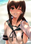  1boy ;d admiral_(kantai_collection) artist_name beach blue_ribbon blush brown_hair collarbone crying crying_with_eyes_open dappled_sunlight fingernails fubuki_(kantai_collection) green_eyes grin hair_between_eyes highres kantai_collection long_sleeves looking_at_viewer ocean one_eye_closed open_mouth outdoors pov pov_hands ribbon sailor_collar sand short_sleeves sleeve_cuffs smile sunlight tareme tears teeth tony_guisado water 