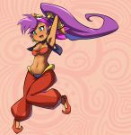  absurdres arms_up bandeau blue_eyes breasts cleavage dark_skin earrings fang full_body hair_ornament harem_pants headband high_ponytail highres jewelry long_hair midriff navel okamaka open_mouth pants pointy_ears pointy_shoes purple_hair see-through shantae shantae_(character) shoes smile vest wrist_cuffs 