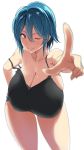  1girl bare_shoulders blue_hair breasts brown_eyes cleavage denim denim_shorts hanging_breasts highres huge_breasts kloah leaning_forward one_eye_closed pointing short_hair short_shorts shorts simple_background solo tank_top white_background 