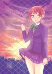  1girl bangs cityscape kousaka_yukiho love_live!_school_idol_project mikawa_miso older redhead rooftop sad school_uniform short_hair skirt solo sunset wind 