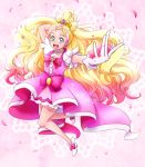  1girl :d blonde_hair bow cure_flora earrings eyebrows flower flower_necklace full_body gloves go!_princess_precure gradient_hair green_eyes haruno_haruka hyuuga_(gekkazake) jewelry long_hair looking_at_viewer magical_girl multicolored_hair necklace open_mouth petals pink_background pink_bow pink_hair pink_skirt precure shoes skirt smile solo streaked_hair thick_eyebrows two-tone_hair white_gloves white_shoes 