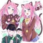  1boy 1girl :3 animal_ears aqua_eyes artist_name bangs black_hair blush bow cat_ears cat_tail collared_shirt fang gloves green_hair hands_clasped hashimoto_nyaa heart idol interlocked_fingers korean layered_clothing light_stick long_hair looking_at_viewer looking_away looking_down matsuno_choromatsu mery_(apfl0515) multicolored_hair neck_ribbon open_mouth osomatsu-kun osomatsu-san own_hands_together paw_gloves paw_pose pink_hair pleated_skirt ribbon school_uniform shirt skirt smile streaked_hair sweater tail v_arms 