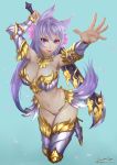  1girl animal_ears ariverkao armor bikini bikini_armor boots breasts dated fox_ears fox_tail gauntlets large_breasts low_twintails metal_bikini metal_boots navel original petals purple_hair signature solo swimsuit sword tail thigh-highs thigh_boots twintails violet_eyes weapon 