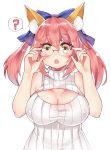  1girl animal_ears blush breasts caster_(fate/extra) cleavage fate/extra fate/grand_order fate_(series) fox_ears glasses hair_ornament hair_ribbon highres large_breasts open_mouth osiimi_(artist) question_mark ribbon sweater yellow_eyes 