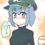  1girl ? blue_eyes blue_hair blush hair_bobbles hair_ornament hat highres iron_man kaibu222 kawashiro_nitori long_sleeves looking_at_viewer nose_blush ribbed_sweater short_hair solo surprised sweat sweater touhou turtleneck twintails two_side_up upper_body 