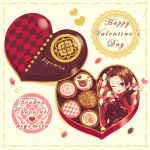  1boy ;d bitikara boots box brown_hair candy character_name chocolate fang happy_valentine heart heart-shaped_box in_box in_container jelly_bean kashuu_kiyomitsu male_focus mole mole_under_mouth one_eye_closed open_mouth ponytail red_eyes scarf smile touken_ranbu valentine 