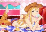  1girl :p absurdres arm_support bare_shoulders barefoot belt blonde_hair blue_eyes cake collarbone cowboy_hat doughnut food gelatin hat highres ice_cream_cone long_hair lying on_stomach pudding short_shorts shorts smile solo tongue tongue_out 