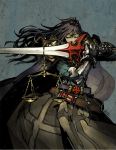  1girl armor balance_scale belt blue_hair cape closed_eyes crusader gauntlets lips long_hair ragnarok_online sword weapon weighing_scale 