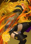  1girl blonde_hair breasts cleavage highres logod long_hair red_eyes rwby shell_casing solo thigh-highs vambraces yang_xiao_long 