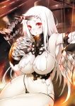  1girl albino black_panties blush breasts claws detached_sleeves dress fangs fuya_(tempupupu) horn kantai_collection large_breasts long_hair long_sleeves panties red_eyes seaport_hime shinkaisei-kan silver_hair solo torn_clothes torn_dress underbust underwear very_long_hair white_background white_dress wide_sleeves 