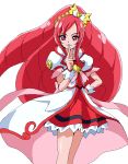  1girl bow brooch coat cowboy_shot cure_ace dokidoki!_precure finger_to_mouth hair_bow hairband hand_on_hip jewelry long_hair looking_at_viewer madoka_aguri magical_girl oekaki precure red_eyes red_skirt redhead sidelocks skirt smile solo standing uraki white_background wrist_cuffs 