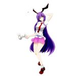  1girl absurdres animal_ears arm_behind_head arm_up blouse derivative_work gun highres legacy_of_lunatic_kingdom long_hair moon_rabbit necktie purple_hair rabbit_ears red_eyes red_necktie reisen_udongein_inaba shirt skirt smile solo tk31 touhou very_long_hair weapon white_background 