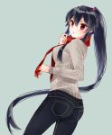 1girl black_hair casual denim ichinomiya_(blantte) jeans kantai_collection long_hair pants ponytail red_eyes scarf sweater yahagi_(kantai_collection) 