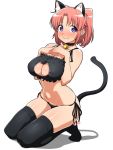  1girl animal_ears bangs bare_shoulders bell bell_choker black_legwear black_panties black_ribbon blush breasts cat_cutout cat_ear_panties cat_ears cat_lingerie cat_tail chikuishi choker cleavage cleavage_cutout collarbone eyebrows eyebrows_visible_through_hair full_body hands_on_own_chest hands_on_own_face jingle_bell kneeling large_breasts midriff mikakunin_de_shinkoukei navel panties parted_bangs pom_pom_(clothes) ponytail redhead ribbon shade short_hair side-tie_panties smile solo stomach tail tareme thigh-highs two_side_up underwear violet_eyes yonomori_kobeni 