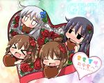 &gt;_&lt; 4girls akatsuki_(kantai_collection) blush brown_hair chibi chocolate closed_eyes commentary_request flower gameplay_mechanics hair_flower hair_ornament hairclip heart-shaped_box hibiki_(kantai_collection) highres ikazuchi_(kantai_collection) inazuma_(kantai_collection) kantai_collection long_hair mouth_hold multiple_girls open_mouth oshiruko_(uminekotei) purple_hair red_rose rose short_hair silver_hair smile solid_oval_eyes translation_request valentine wavy_mouth 