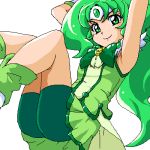  1girl armpits arms_up bike_shorts bow brooch circlet cure_march green green_bow green_eyes green_hair green_skirt jewelry long_hair looking_at_viewer lowres magical_girl midorikawa_nao oekaki precure shoes shorts_under_skirt skirt smile smile_precure! solo uraki white_background 