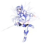  1girl arm_warmers black_legwear boots covered_navel expressionless full_body grey_eyes hairband halterneck highres knee_boots long_hair looking_at_viewer magical_girl original pleated_skirt rapier silver_hair skirt solo standing_on_one_leg sword thigh-highs weapon white_background white_boots white_legwear white_skirt wings yu-ri_(noteism) 