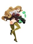  1girl :o boots bow_(weapon) breasts cleavage crossbow full_body harada_takehito large_breasts light_brown_hair long_hair long_sleeves magic simple_background solo thigh-highs thigh_boots weapon white_background 