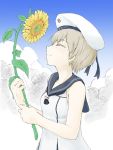  1girl alternate_costume closed_eyes clouds dress flower hat holding holding_flower kantai_collection kriegsmarine nemubusoku sailor_collar sailor_dress sailor_hat short_hair silver_hair sleeveless smile solo sunflower z1_leberecht_maass_(kantai_collection) 