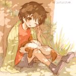  1boy against_tree black_hair blush brown_eyes dated dog masaoka_ryou one_eye_closed sakaki_tsui short_hair shorts sitting sleeping smile soukyuu_no_fafner tree wiping_face 