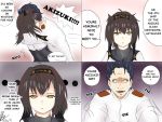  1boy 1girl 4koma admiral_(kantai_collection) akizuki_(kantai_collection)_(cosplay) alternate_hairstyle black_hair comic denial hairband hairstyle_switch hatsuzuki_(kantai_collection) hug kantai_collection short_hair simple_background surprised translated yellow_eyes 