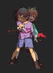  aiming_at_viewer androgynous blood blood_on_face boots brown_hair chara_(undertale) chunue-o! closed_eyes frisk_(undertale) full_body grey_background knife long_sleeves looking_at_another open_mouth parted_lips red_eyes shirt short_hair shorts smile spoilers striped striped_shirt undertale 