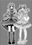  2girls bag bangs boots bow dress frilled_dress frills lolita_fashion long_hair looking_at_viewer love_live!_school_idol_project mary_janes mikawa_miso monochrome multiple_girls nishikino_maki ribbon shoes smile thigh-highs yazawa_nico 