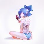  1girl back back_tattoo barefoot blue_eyes blue_hair blue_panties cirno english food frog gradient gradient_background hair_ribbon ice_cream looking_at_viewer looking_back no_wings panties pointy_ears ribbon short_hair sitting solo sunglasses tattoo text topless touhou underwear 