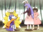  4girls animal_ears barefoot blazer blonde_hair carrot commentary_request dress fang fox_tail hair_ribbon hat hat_ribbon inaba_tewi jewelry long_hair long_sleeves mob_cap multiple_girls multiple_tails necklace open_mouth pendant pillow_hat pink_dress pitfall puffy_short_sleeves puffy_sleeves purple_dress purple_hair rabbit_ears red_eyes reisen_udongein_inaba ribbon shaded_face shirosato shirt short_sleeves sitting skirt sweat tabard tail touhou tress_ribbon very_long_hair white_dress yakumo_ran yakumo_yukari yellow_eyes 